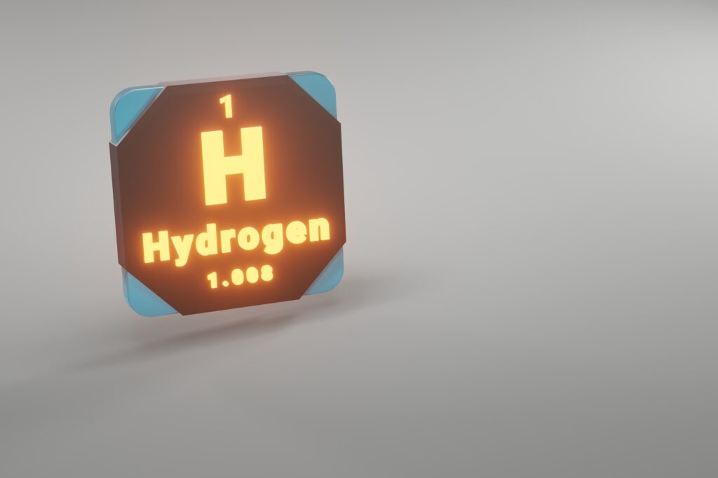 Depositphotos - Petróleo y Energía Depositphotos Beautiful abstract illustrations Standing black with fire Hydrogen H 1 element of the periodic table Modern design with golden elements 3d rendering illustration Blue gray background