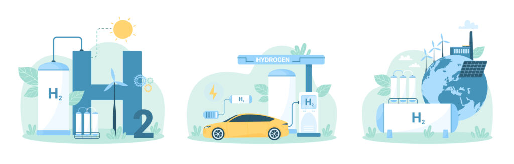 Depositphotos - Petróleo y Energía Green hydrogen production storage and refueling car set H2 fuel from electrolysis Depositphotos