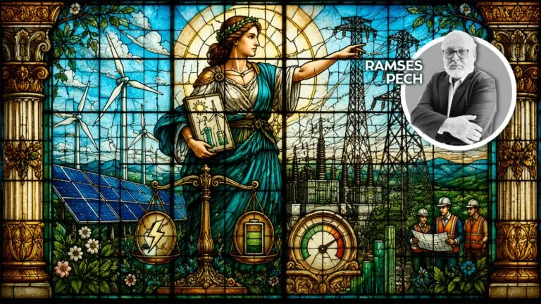 Stained-glass mural of a woman symbolizing progress holding a sun emblem and a book, with wind turbines, solar panels, power lines, a factory, and workers with plans in the background (Ramses Pech appears in a circular inset).