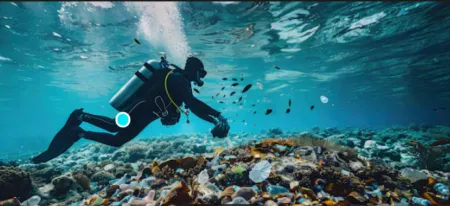 Scuba diver in a black wetsuit glides above a colorful coral reef underwater.
