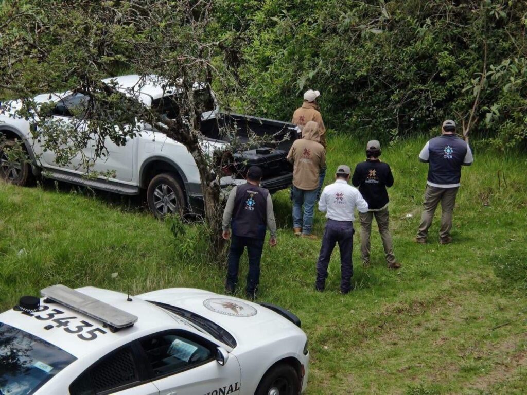 HMAMmMWX0AAuk8p - Petróleo y Energía Investigators in vests gather around a white pickup truck stuck in grass by trees; a police car is parked in the foreground nearby.