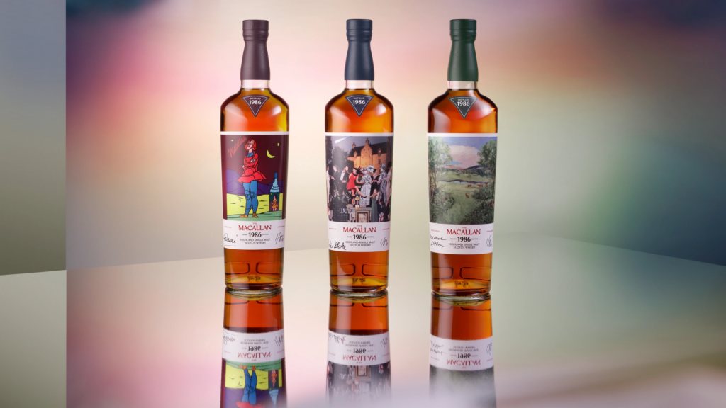 MAC-2026-RomanticaCollection-SupportingStatics-BMBottleGROUP16x9150dpiRGB-WEB - Petróleo y Energía Three Macallan whisky bottles in a row on a reflective surface with a soft pastel gradient background.