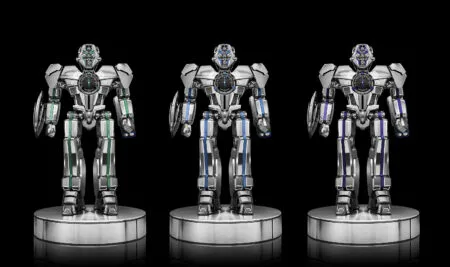 Three chrome robots with green, blue, and purple accents stand on circular pedestals against a black background, presenting a united showroom image.