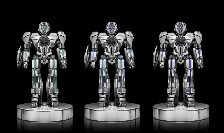 Three chrome robots with green, blue, and purple accents stand on circular pedestals against a black background, presenting a united showroom image.